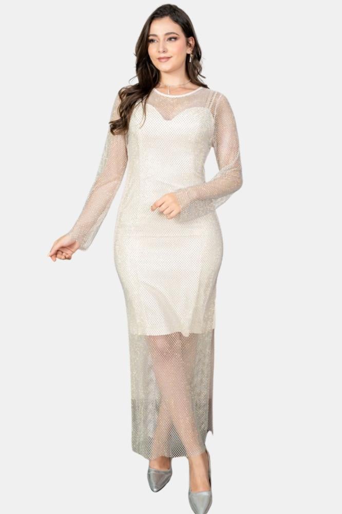 فستان سهرة طويل شبك ببطانة قصيرة