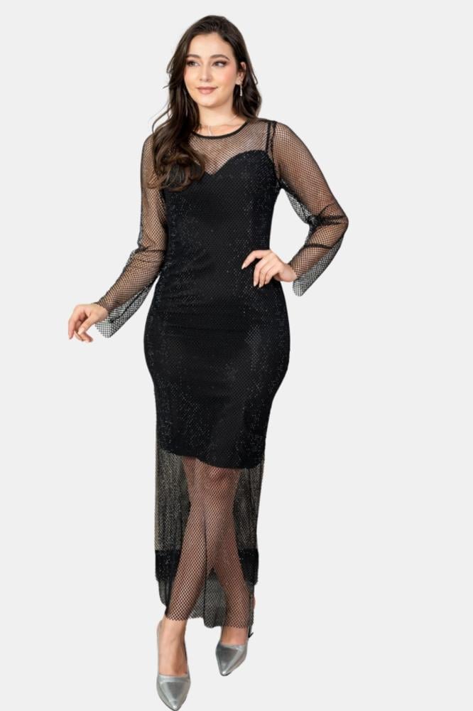 فستان سهرة طويل شبك ببطانة قصيرة