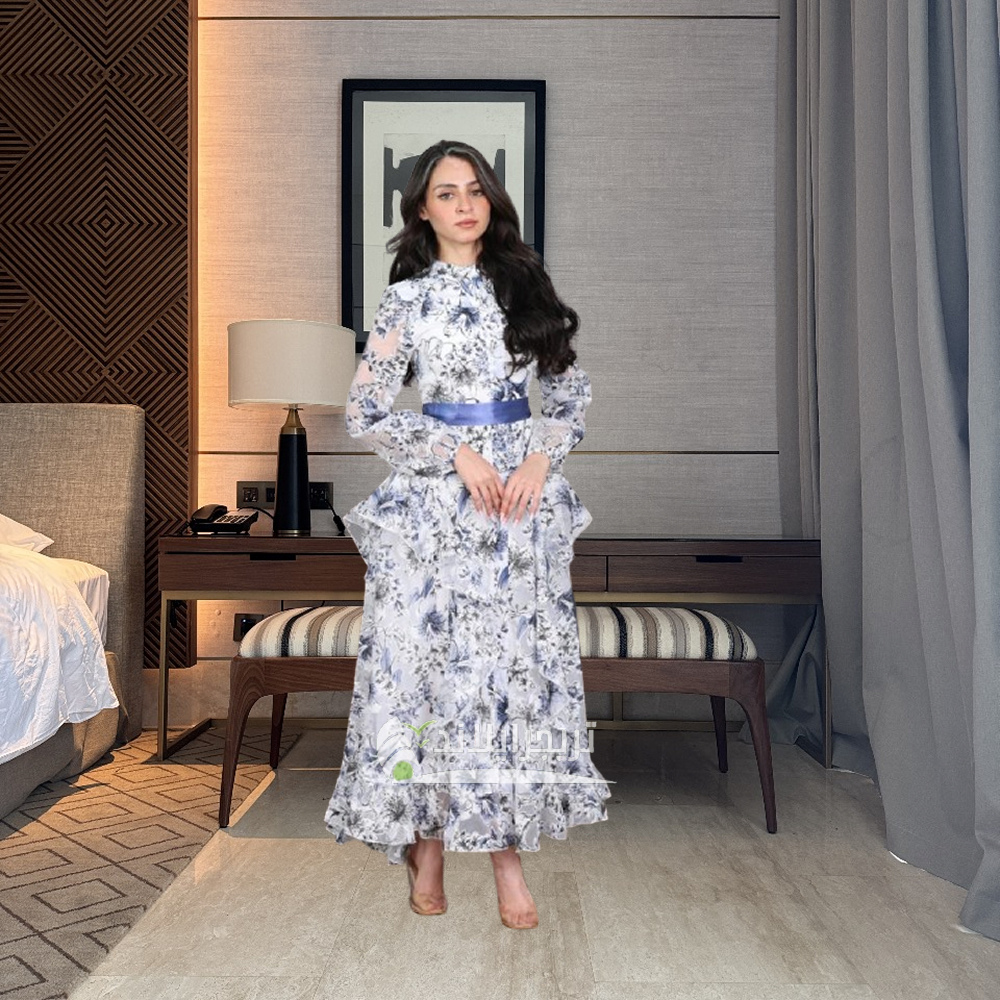 فستان مشجر طويل بحزام من الخصر