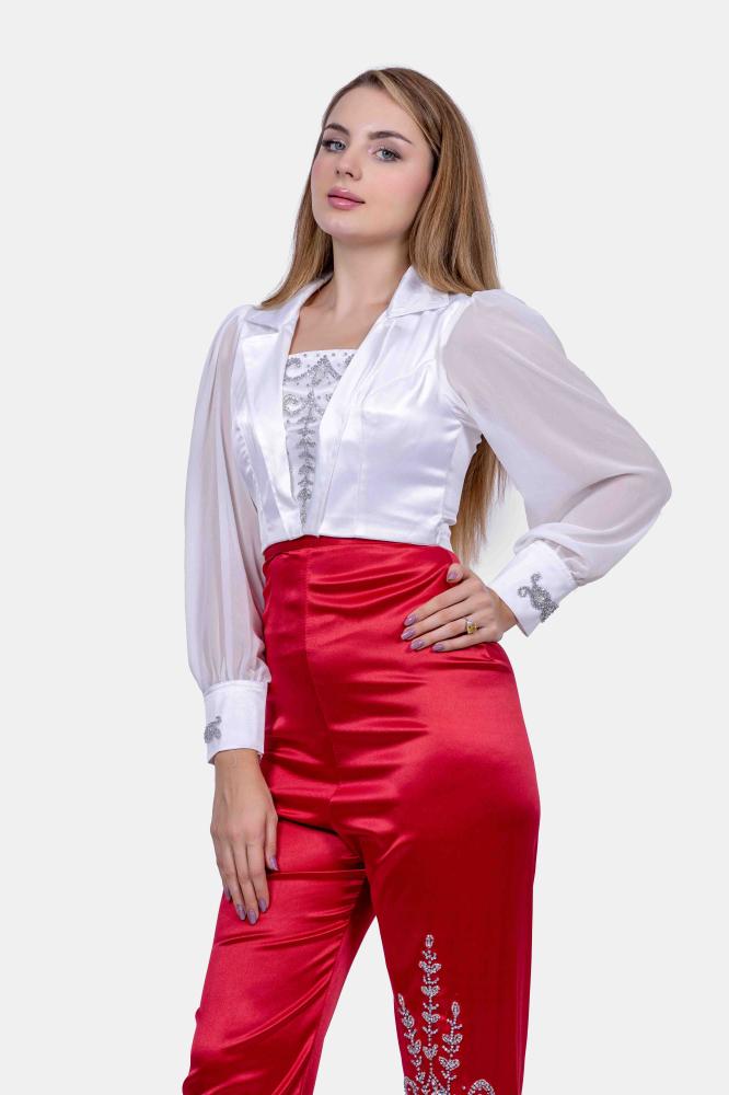 طقم بناتي سهرة بنطلون و بلوزة ساتان سهره بأكمام شيفون