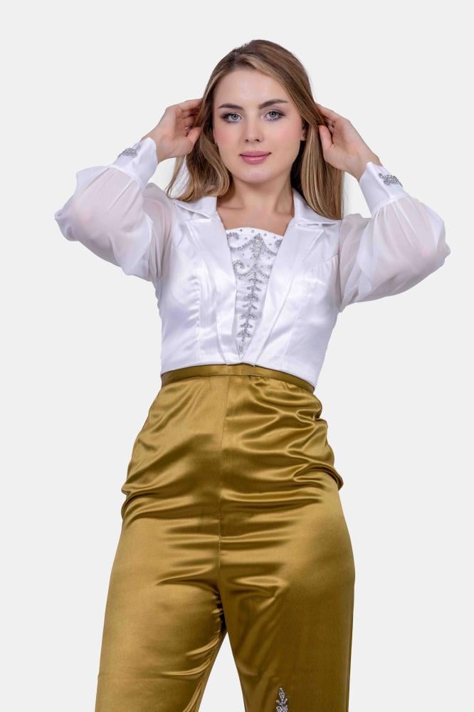 طقم بناتي سهرة بنطلون و بلوزة ساتان سهره بأكمام شيفون