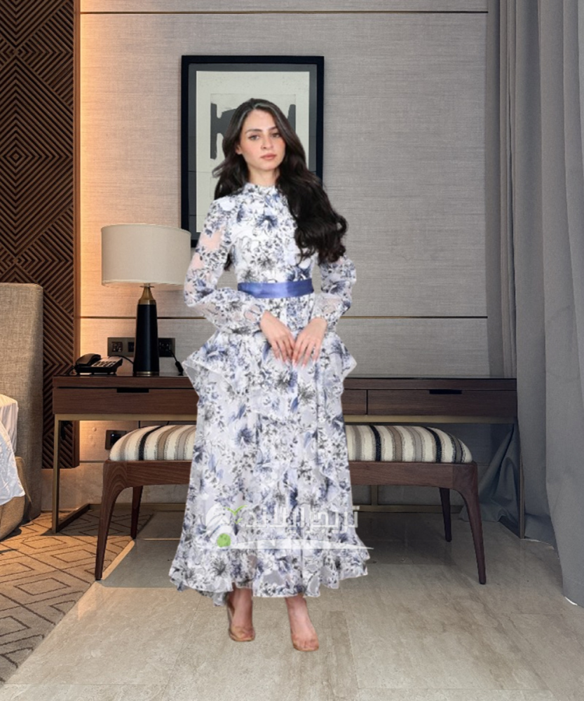 فستان مشجر طويل بحزام من الخصر