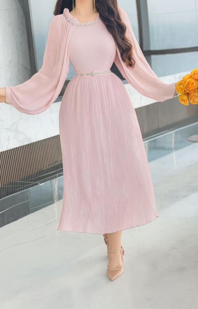 فستان ناعم ميدي شيفون بأكمام مفتوحة