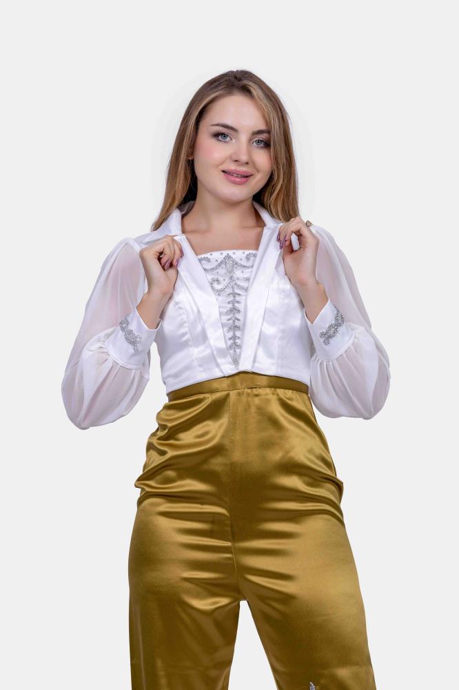 طقم بناتي سهرة بنطلون و بلوزة ساتان سهره بأكمام شيفون