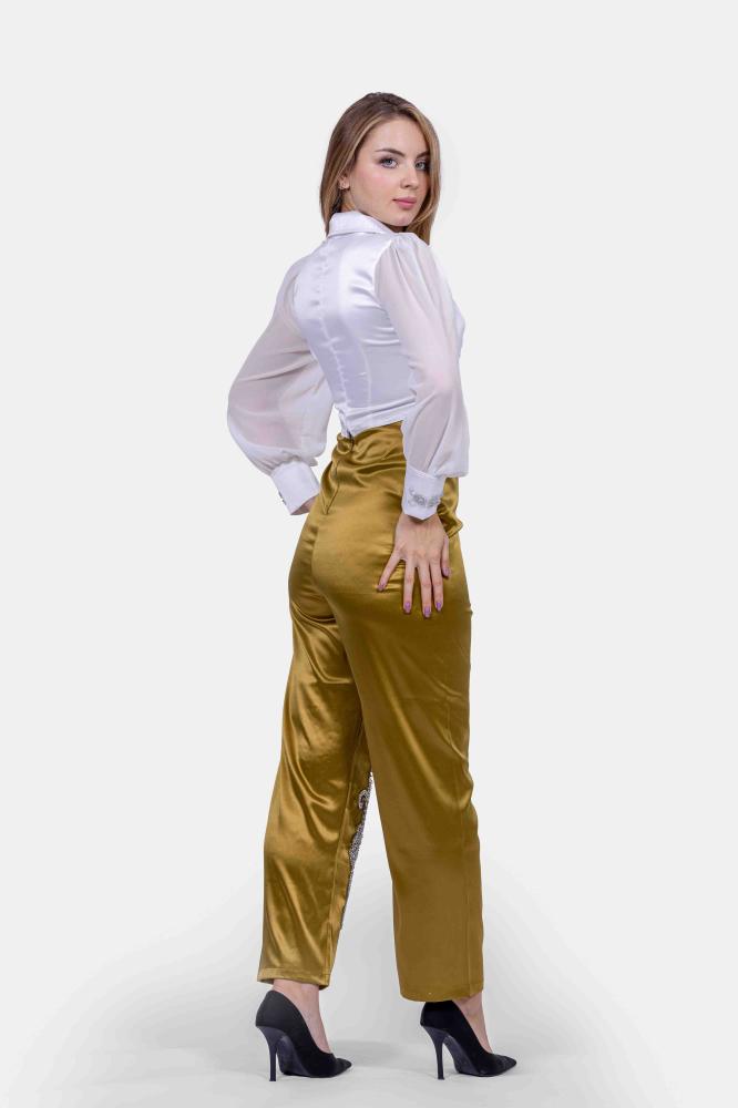 طقم بناتي سهرة بنطلون و بلوزة ساتان سهره بأكمام شيفون