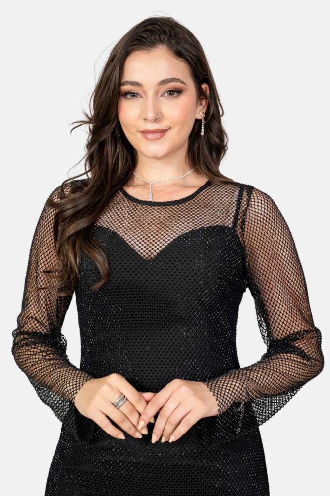 فستان سهرة طويل شبك ببطانة قصيرة