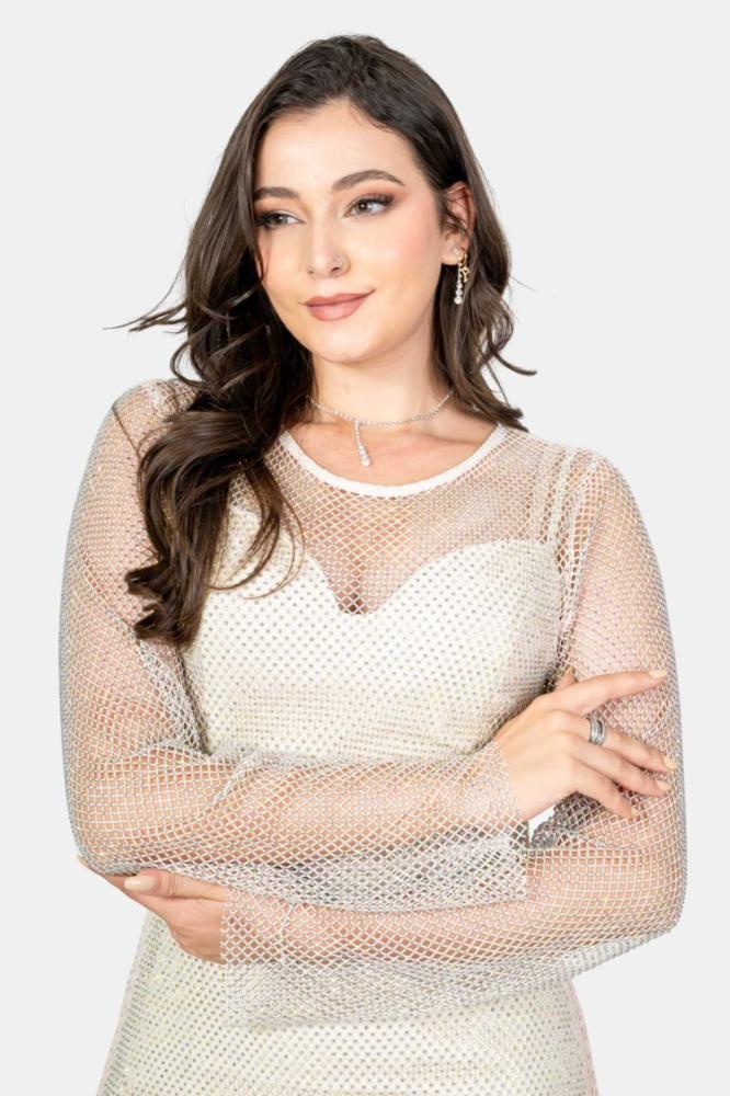 فستان سهرة طويل شبك ببطانة قصيرة