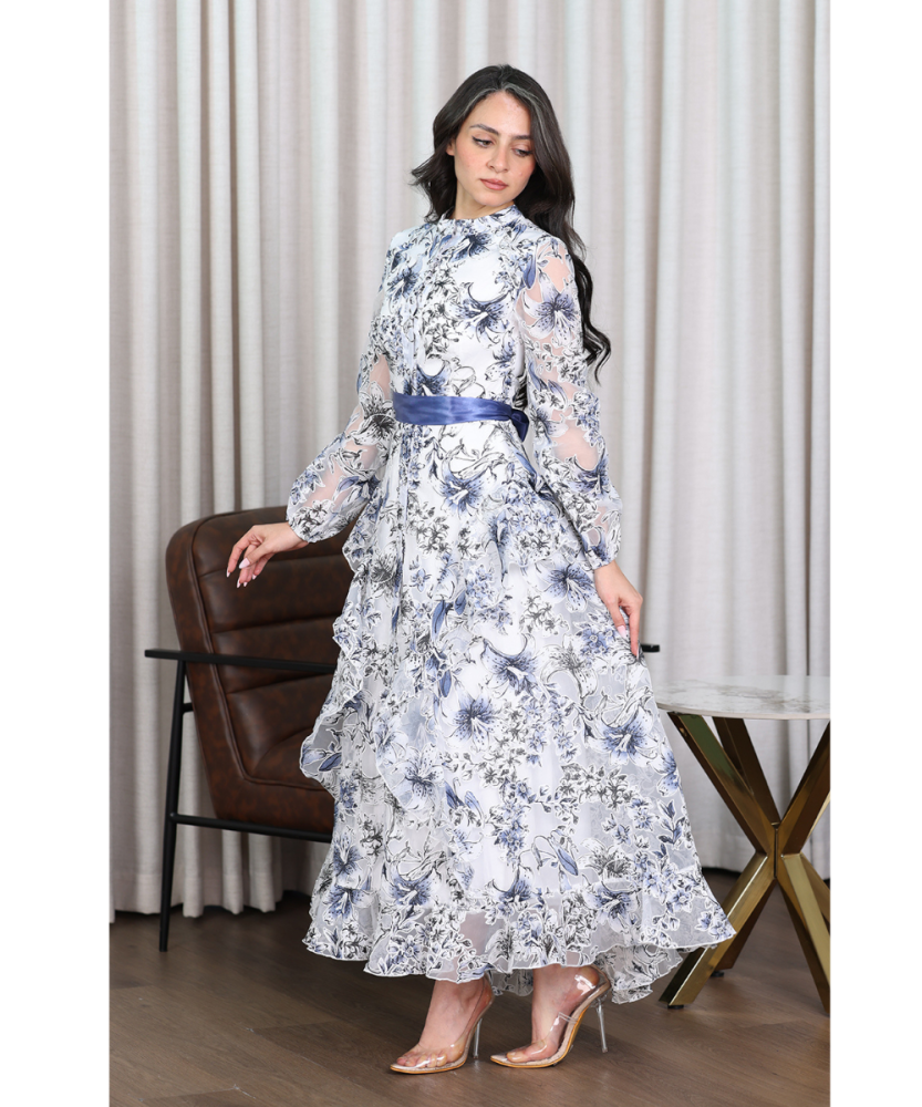 فستان مشجر طويل بحزام من الخصر