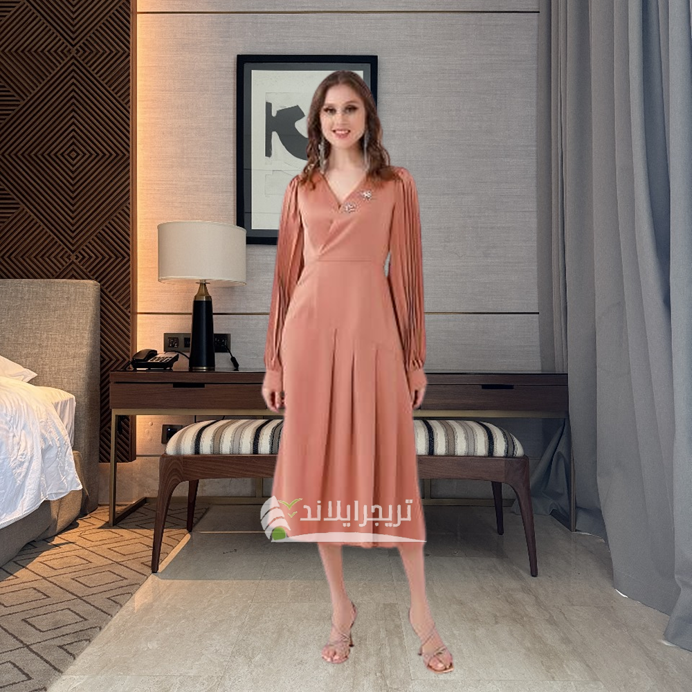 فستان ناعم ميدي اكمام طويلة