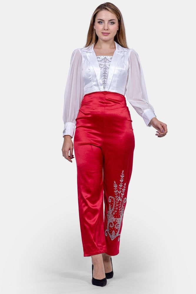 طقم بناتي سهرة بنطلون و بلوزة ساتان سهره بأكمام شيفون