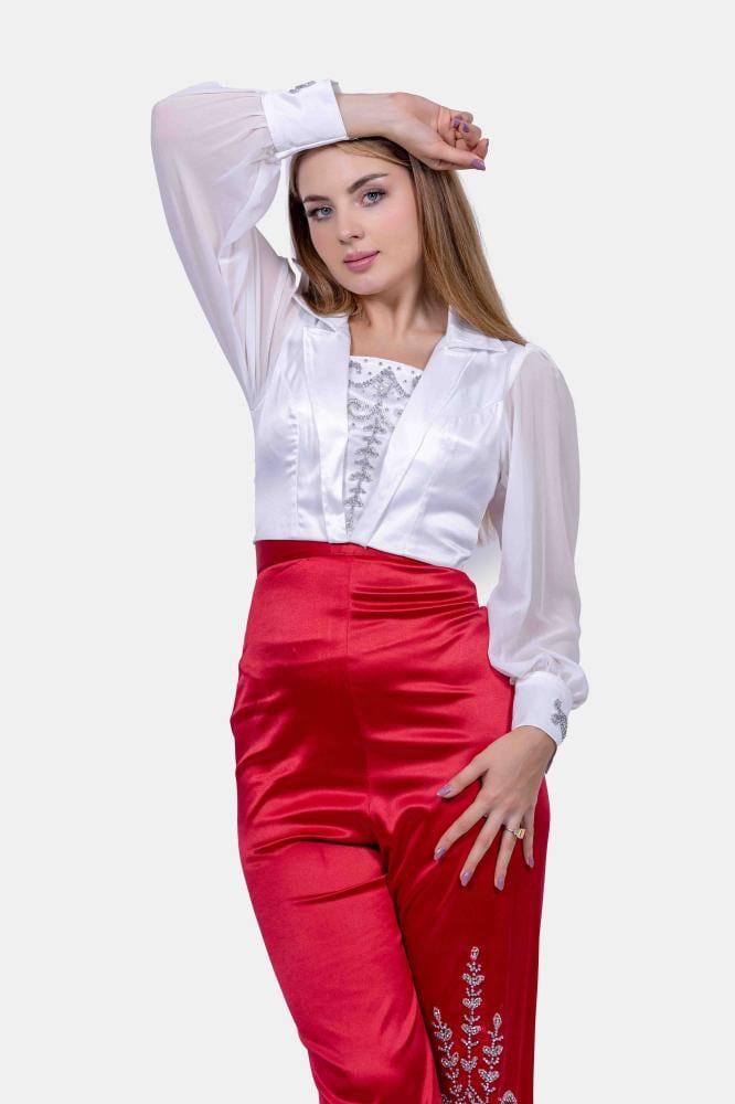 طقم بناتي سهرة بنطلون و بلوزة ساتان سهره بأكمام شيفون