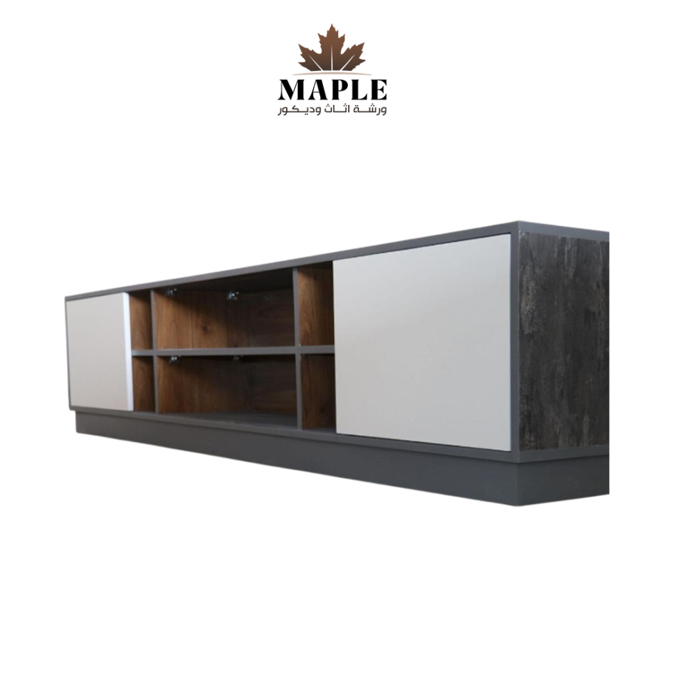 طاولة تلفزيون رمادية مع أبواب أبيض