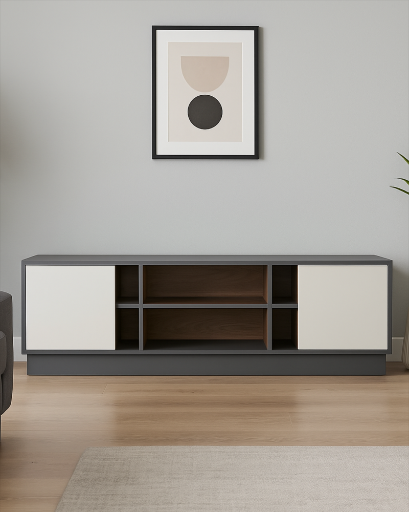 طاولة تلفزيون رمادية مع أبواب أبيض