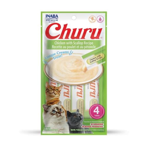 Churro بلیوں کے لئے چکن اور سکیلپس کے ساتھ 4 ٹکڑوں کا علاج کرتا ہے۔