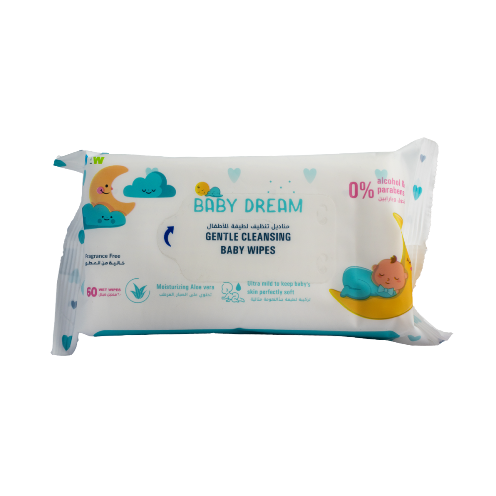 بيبي دريم مناديل تنظيف لطيفة للأطفال غير معطرة 60 منديل | BABY DREAM GENTLE CLEANSING BABY WIPES FRAG FREE 60PC
