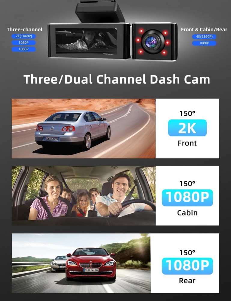 AZDOME M550 PRO 2160P/4K Ultra HD 3 Channel Front & Rear DashCam