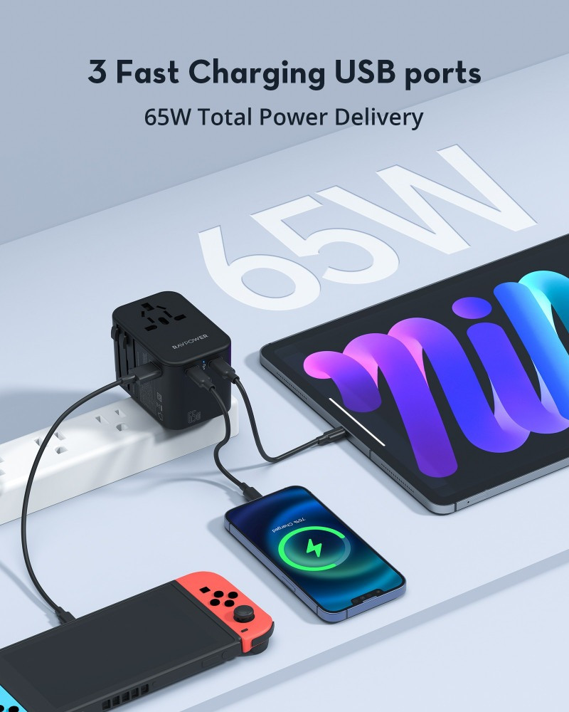 فيش سفر راف باور 65 واط بمداخل متعددة و منفذين USBو USB- C - أسود
