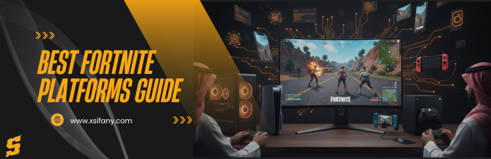 لاعبان سعوديان يلعبان فورتنايت على الكمبيوتر ووحدة التحكم، مع شاشات تظ