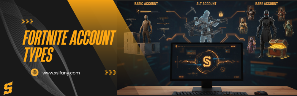 مقارنة بين أنواع حسابات فورتنايت (Basic, Alt, Rare) مع سكنات وأسلحة مخ