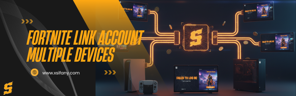 توضح ربط حساب فورتنايت عبر منصات متعددة (PC, PS5, Xbox, Switch) باستخد