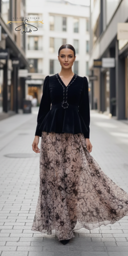 فستان مخمل - بيج مشجر