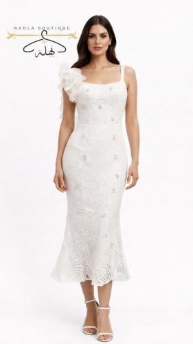 فستان - أبيض مزين باللؤلؤ