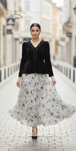 فستان مخمل - أبيض مشجر