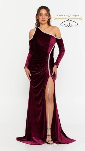 فستان سهرة مخمل - عنابي