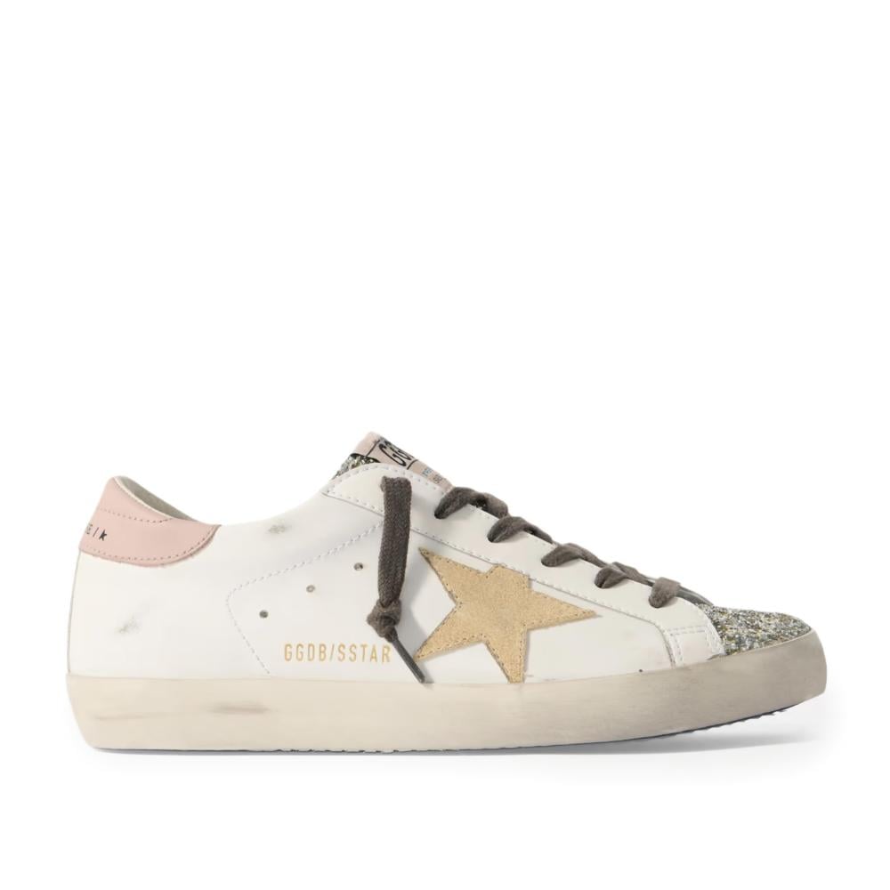 GOLDEN GOOSE Super-Star distressed suede-trimmed glittered leather sneakers