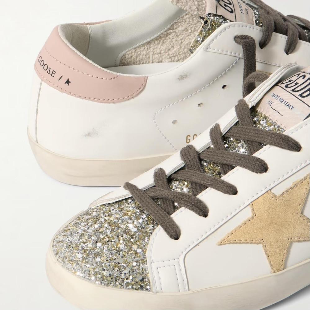 GOLDEN GOOSE Super-Star distressed suede-trimmed glittered leather sneakers