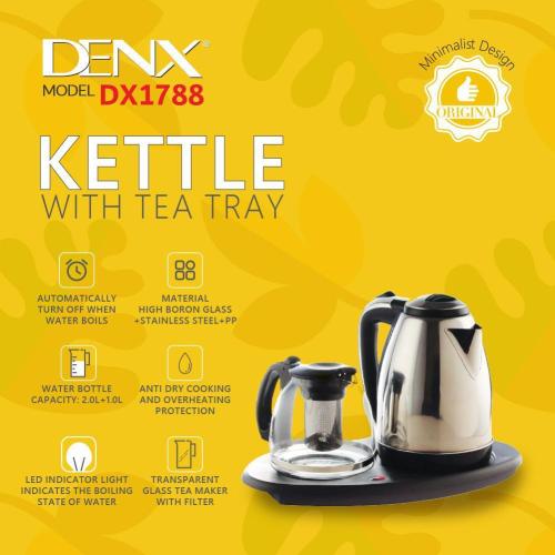 غلاية كهربائية مع ابريق شاي زجاجي من DENX بمؤشر ال...