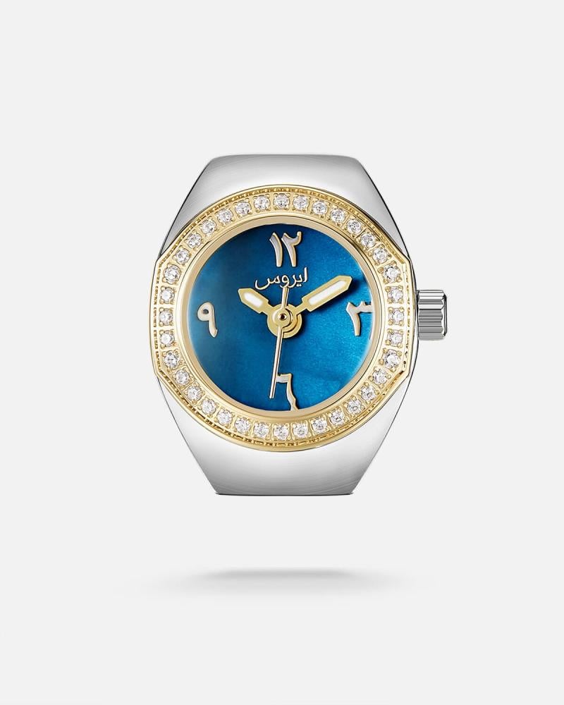 Women's ring watch with an eye-catching design in gold and silver