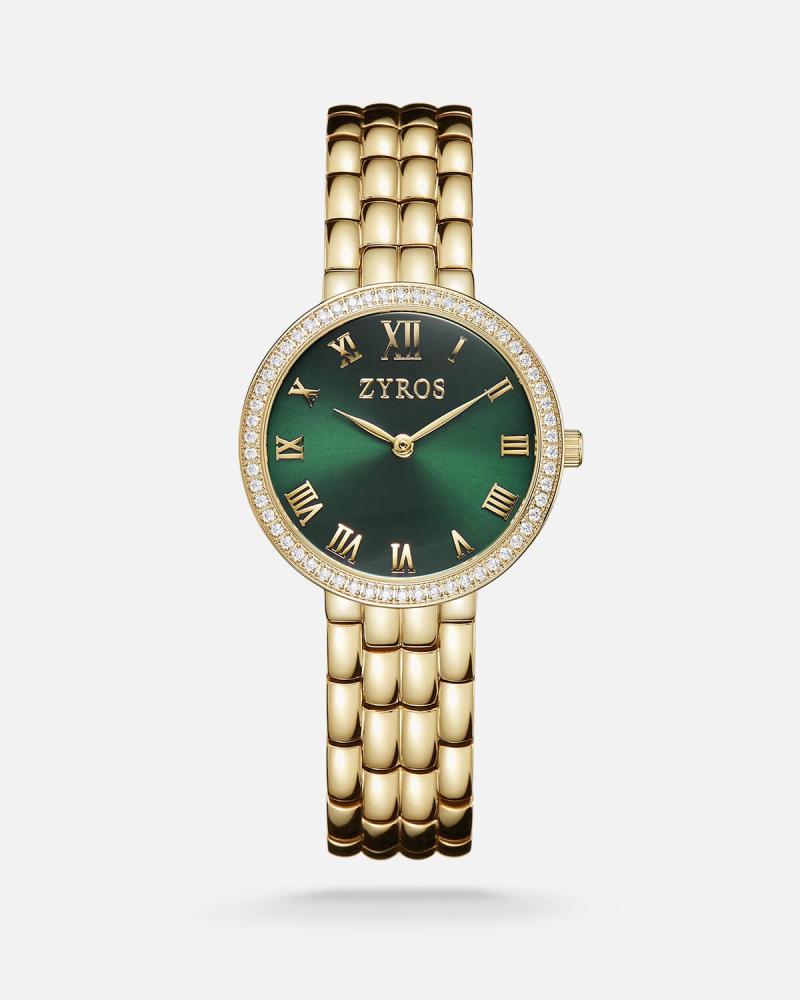 An elegant watch, overflowing with grace, in a golden hue.
