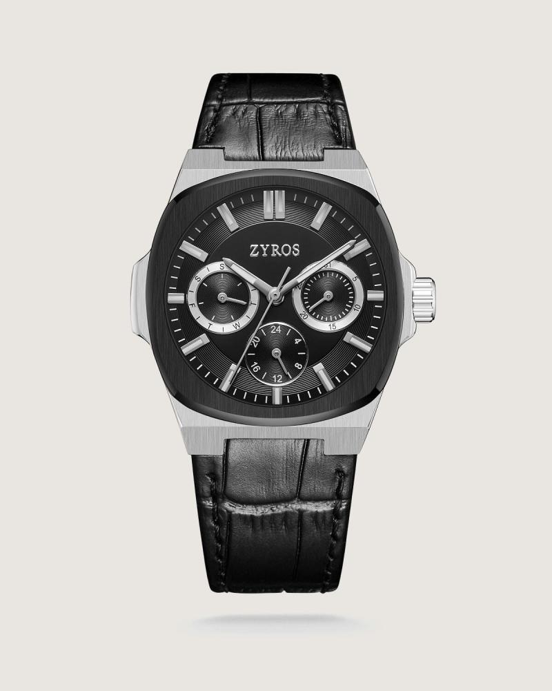 Men's watch with a black leather strap