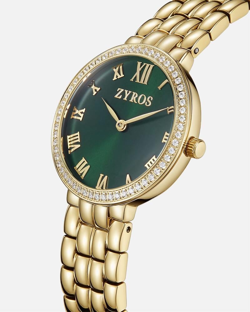 An elegant watch, overflowing with grace, in a golden hue.