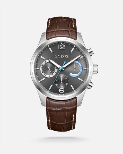 A men's watch that embodies elegance with a brown leather strap.