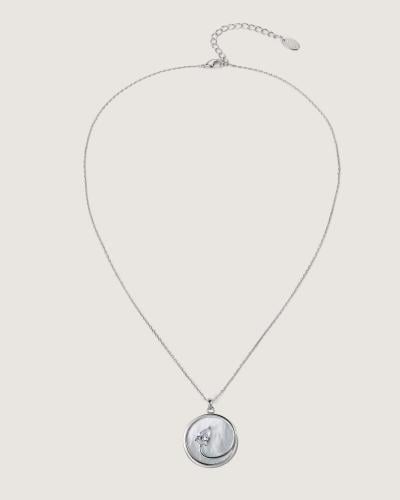 A women's necklace with a distinctive design in silver.