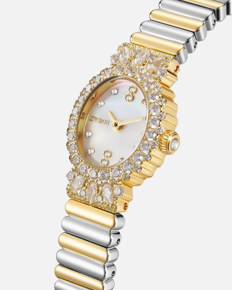 A women's watch with a distinctive design in gold and silver.