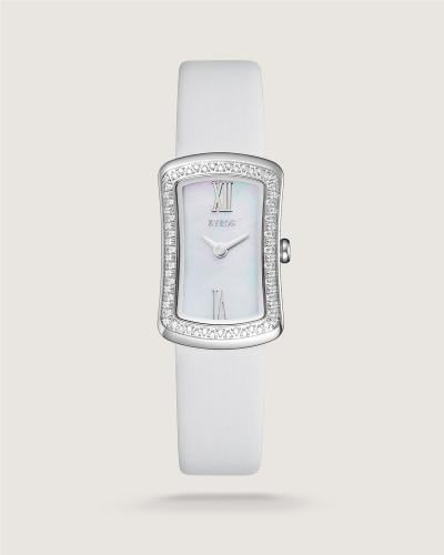 A glimpse of the women's watch in white leather