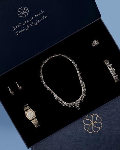 A box containing a luxury set and an elegant watch.