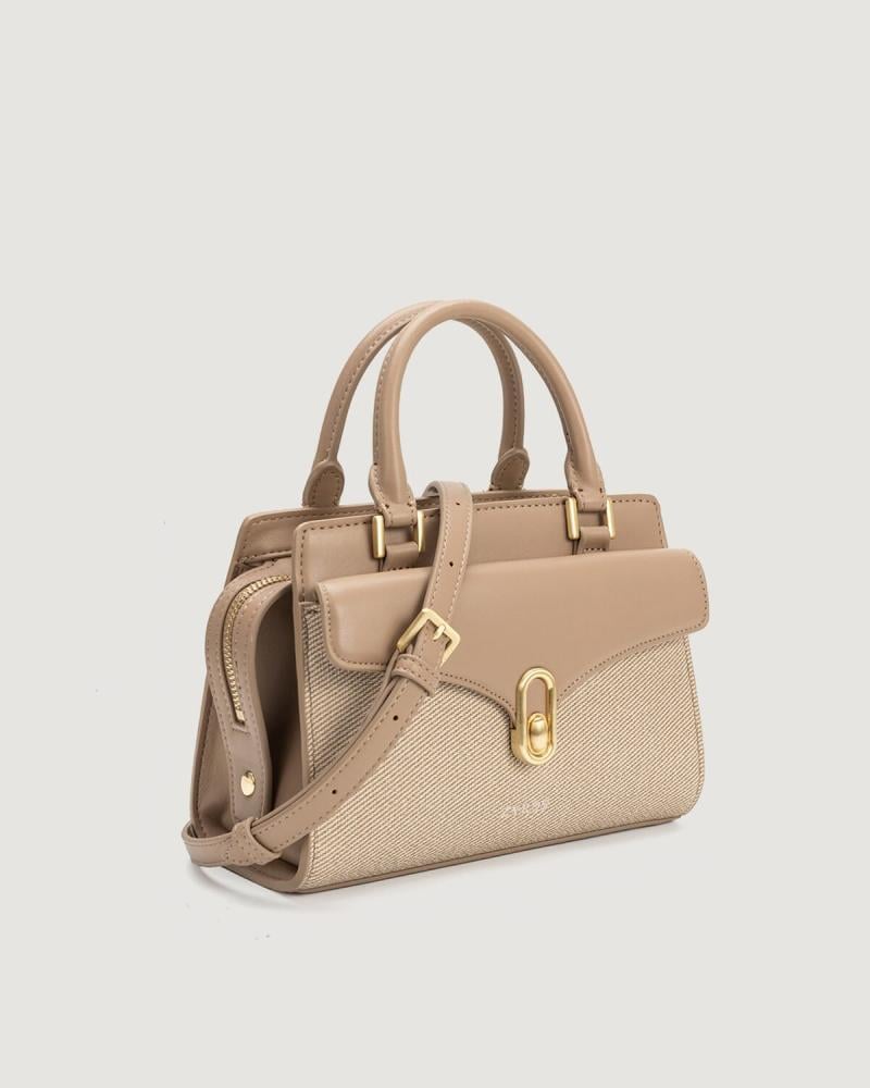 Women's beige leather handbag with a classic design