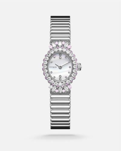 A women's watch with a distinctive design in silver.