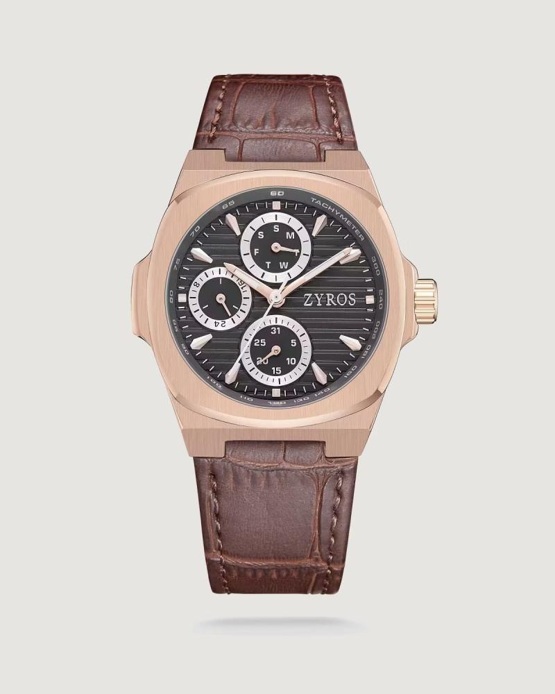 Men's watch with a brown leather strap