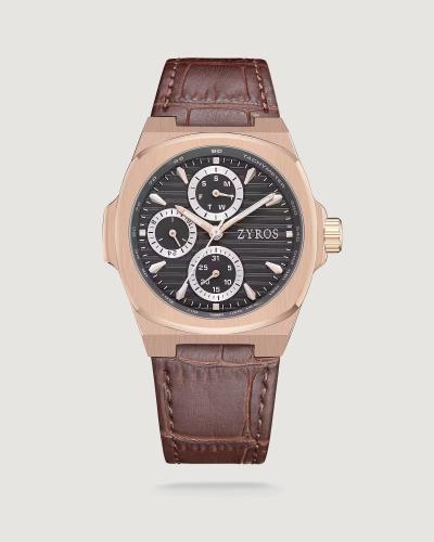 Men's watch with a brown leather strap