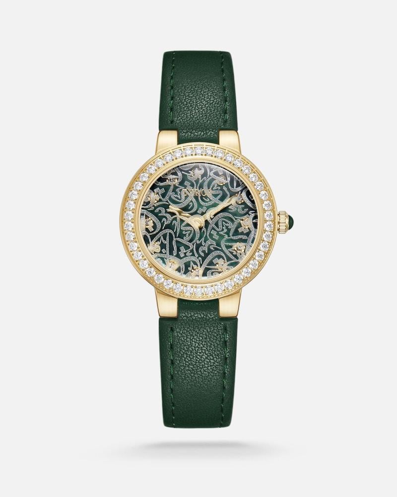 ساعة رقعة النسائية بسير جلد بلون أخضر