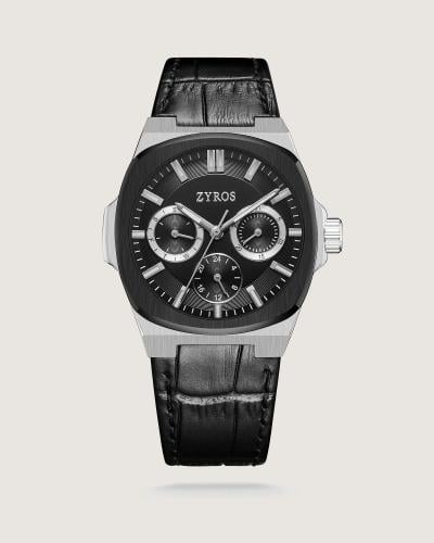Men's watch with a black leather strap