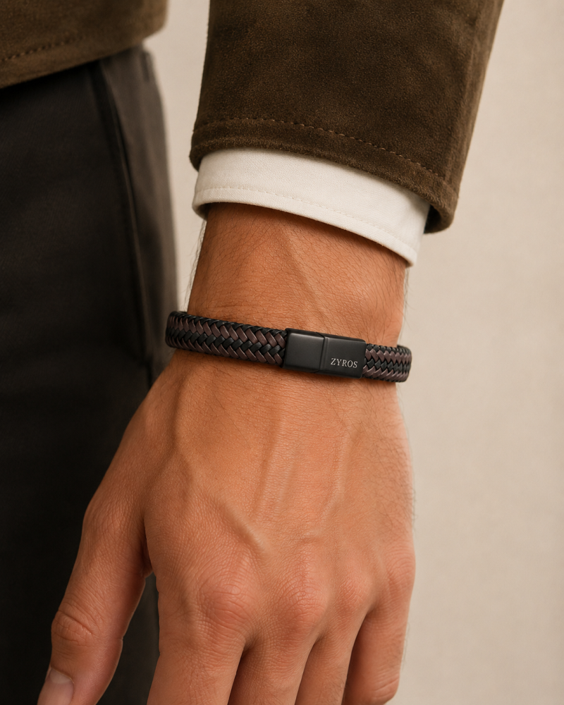Men's wide braided leather bracelet in brown and black - Zyros