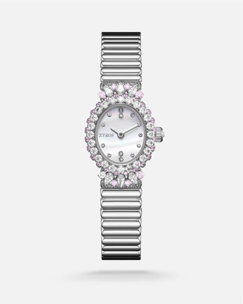 A women's watch with a distinctive design in silver.