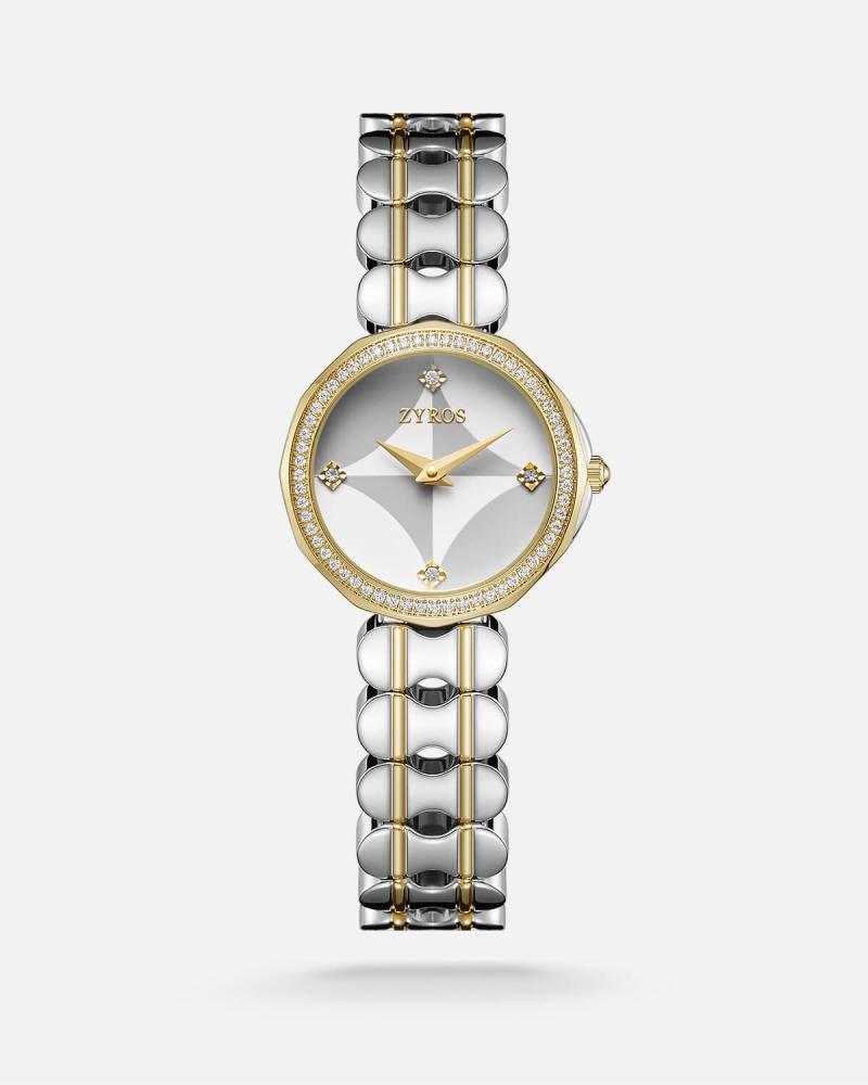 A distinctive women's watch with a gold and silver design.
