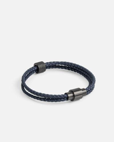 Three connected bracelets made of blue braided leather